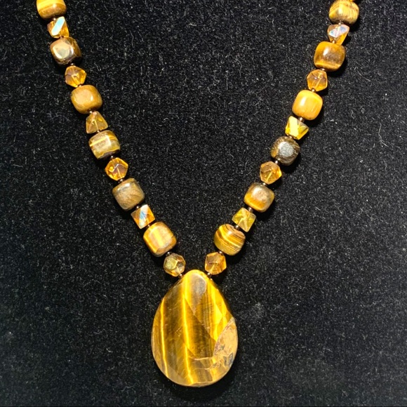 Chatoyant Tigers Eye Gemstone Necklace with Amber Coloured Beads Large - Picture 4 of 4